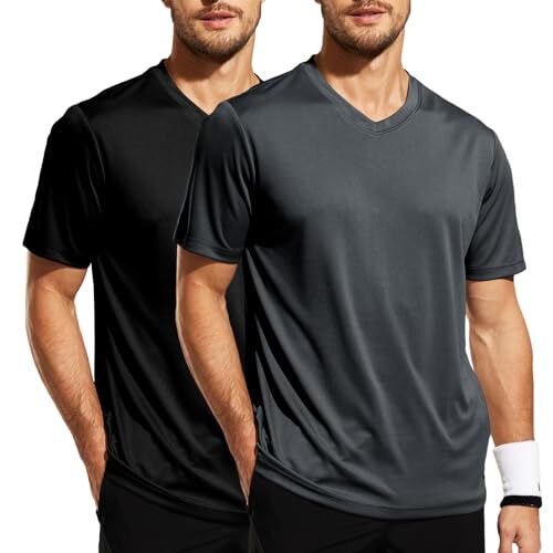Men's Quick Dry Workout Shirts Moisture Wicking Medium Z: V Neck - Black/Grey - Picture 2 of 8