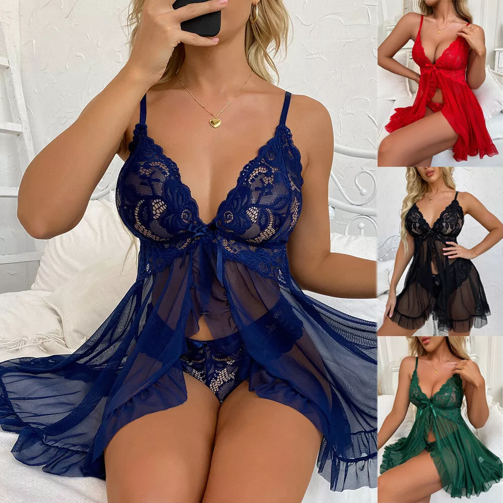 Womens Sexy Lingerie Sleepwear Nightwear Underwear Babydoll Girl Lace Dress  Set