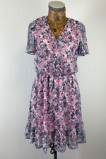 NEXT  DRESS 8 PINK BLUE Floral Chiffon Elastic Waist A-Line Midi Short Casual