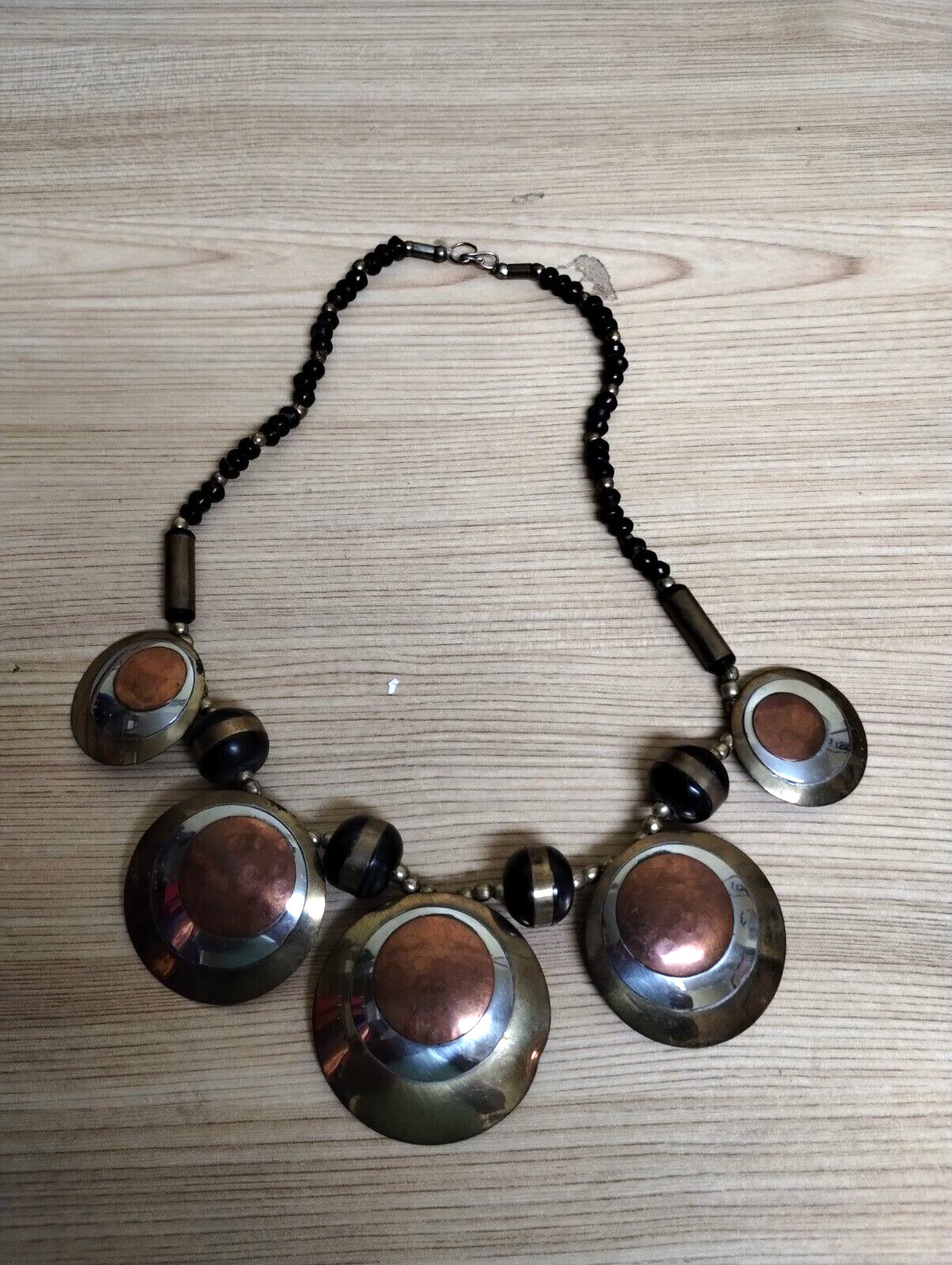 Brass & Copper Circle Statement Necklace Woven Bo… - image 1