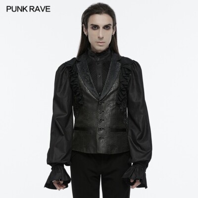 Punk Rave Men Black Gothic Gorgeous Ruffle Trim Jacquard Vest  Retro Waistcoat