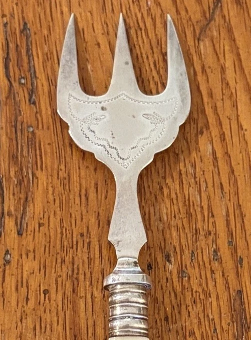 Antique Silverplate Fork 3 Tine Serving Fork Ivory Plastic Handle EPNS