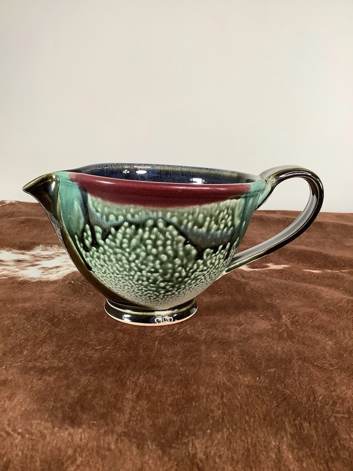 VTG Handmade Art Pottery Blue Green Batter Bowl Pourer Handle Stoneware