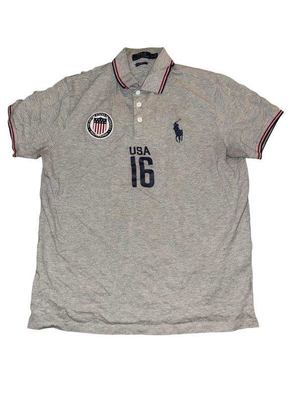 Polo Ralph Lauren Gray Polo Shirt Men’s Custom Fit Team USA 16 American Flag