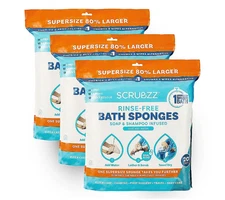 SCRUBZZ 60ct Rinse-Free Bath Sponges Super Size Single Use Soap & Shampoo