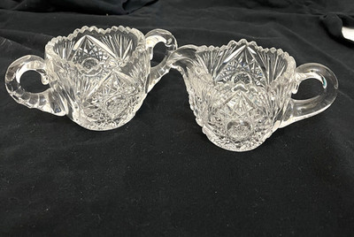 Vintage ABP Style Cut Glass Sugar & Creamer Set Sawtooth Rim Starburst Base