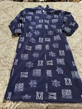 Erica Taylor Country navy blue fleece robe white leaf and geometric pattern L