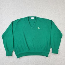 Izod Lacoste Sweater Mens Large Green Acrylic V-Neck VTG 80s Embroidery Pullover