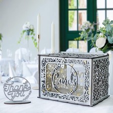 Silver Wedding Card Box with Lock, Wooden Gift Card Box for Wedding Reception...