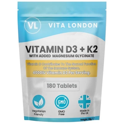 VITA LONDON Vitamin D3 K2 4000IU + Magnesium Glycinate Vitamin D Tablets (Not Capsules) UK