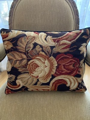 Palazzo Needlepoint Pillow  Wool Cabbage Rose Flower Black Velvet Back Gold Red