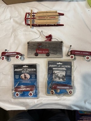 Vintage Radio Flyer Miniature Wagon Lot + Wood Sled + Streamline Train Wagon NOS