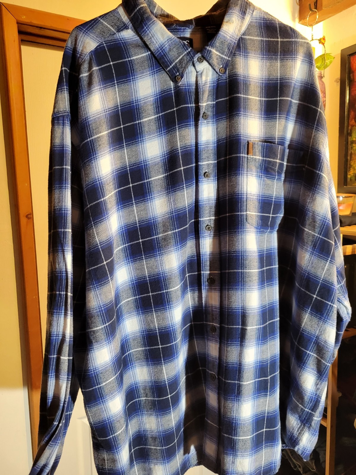 Chaps Flannel Shirt Men's 4XL Big & Tall Blue White Plaid Long Sleeve Button Up