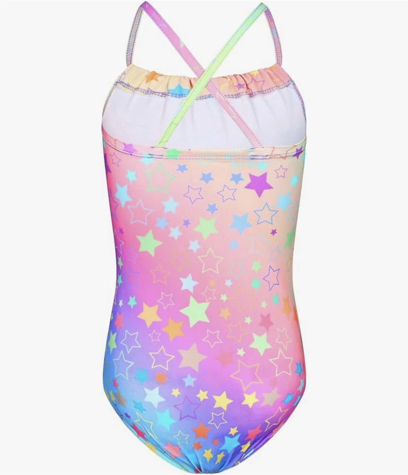 Traje de baño de una pieza estrella arco iris 3T 4T para niñas correas ajustables espalda cruzada Foto 2 de 4