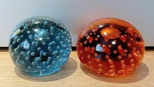 Vintage Whitefriars Controlled Bubble Arctic Blue & Amber Paperweights Art Glass