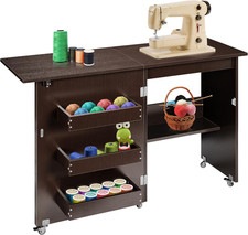 Dark Brown Compact Folding Sewing Table with Storage  Wheels