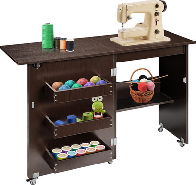 Folding Sewing Craft Table, Rolling Sewing Machine Desk with Storage Shelves, Se