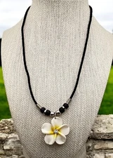 Hawaii Fimo Clay White Flower Pendant Necklace Choker Black Cord