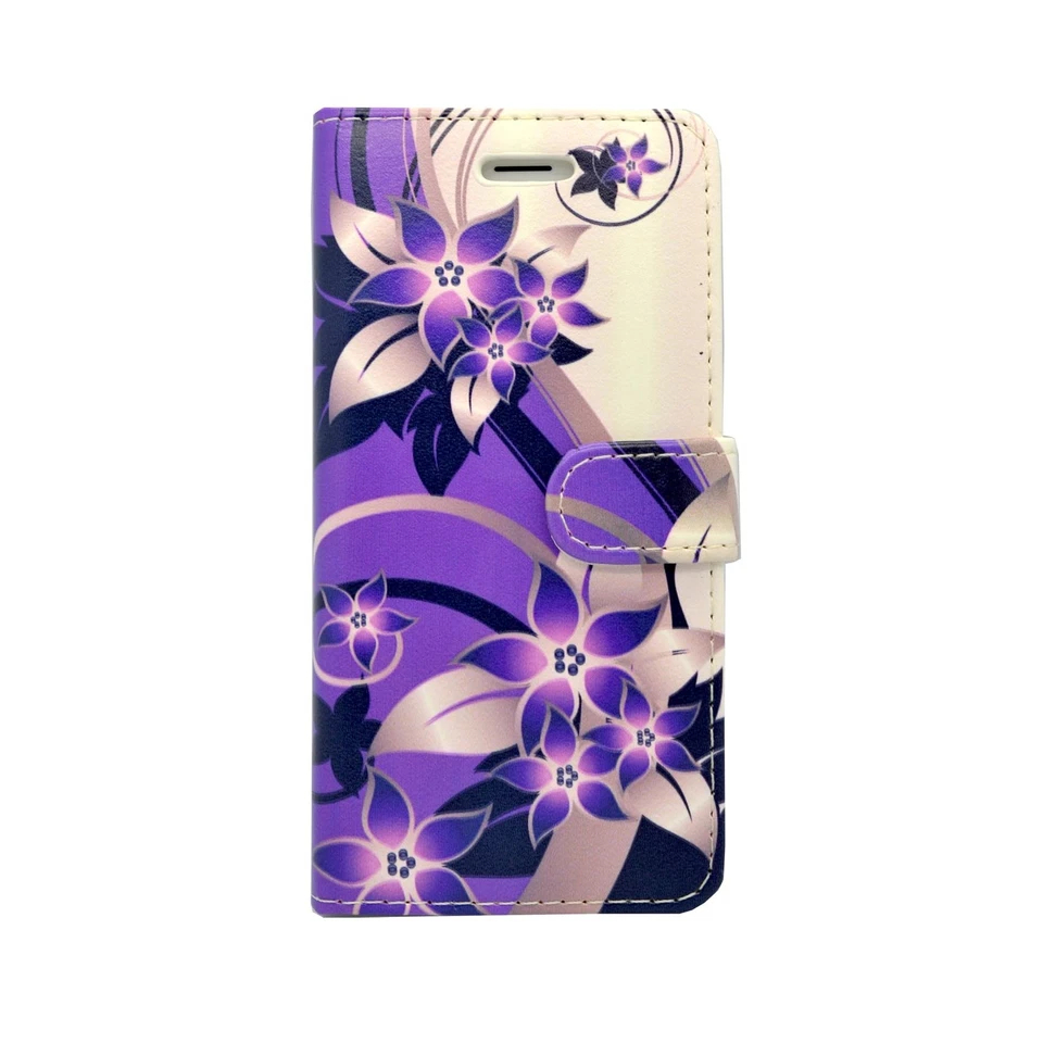 CASE FOR APPLE IPHONE 6 PLUS PURPLE CREAM FLOWER PRINT DESIGN PU LEATHER WALLET - Image 3 of 4