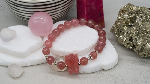 Pink Strawberry Quartz Hello Kitty Crystal Bracelet Girls Cutecore Jewelry Gift - Picture 3 of 6