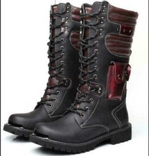 Mens Military Motorcycle Mid Calf Boots Riding Lace Up Combat Boots Shoes