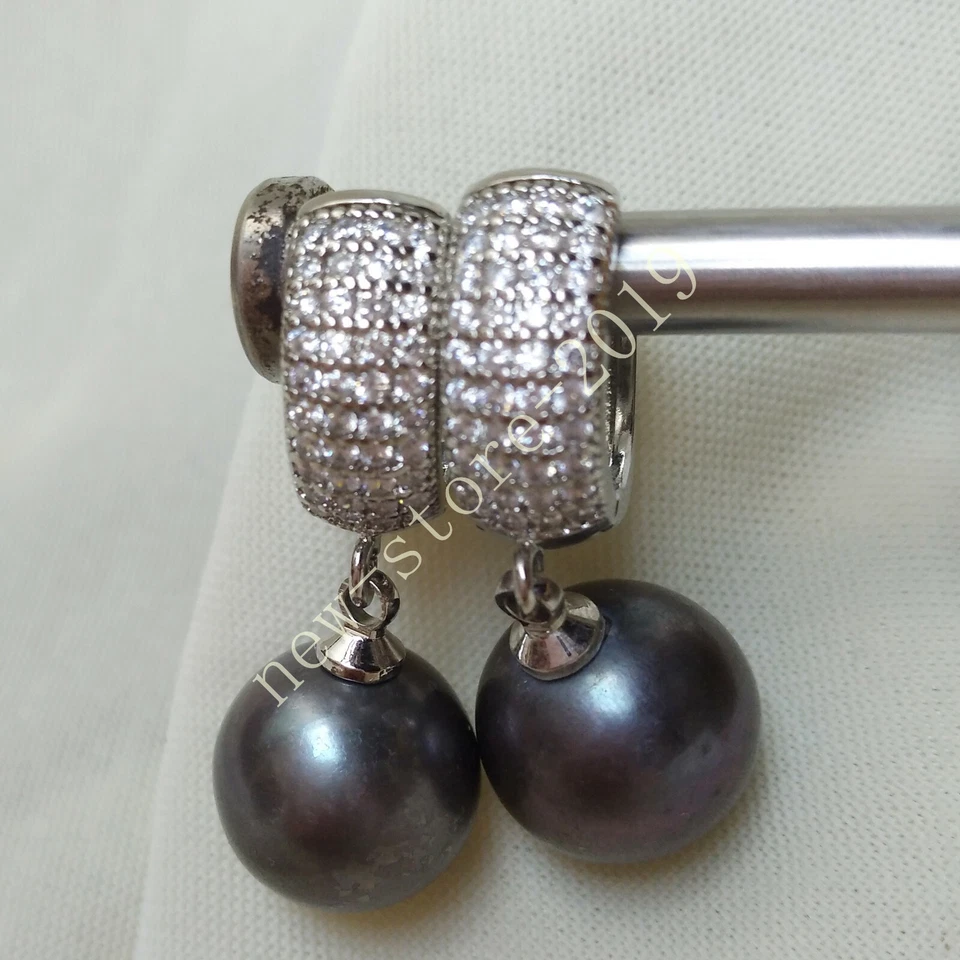 Huge Natural Tahitian Genuine 11-12mm Perfect Round Black Pearl Dangle Earring - Image 2 of 4
