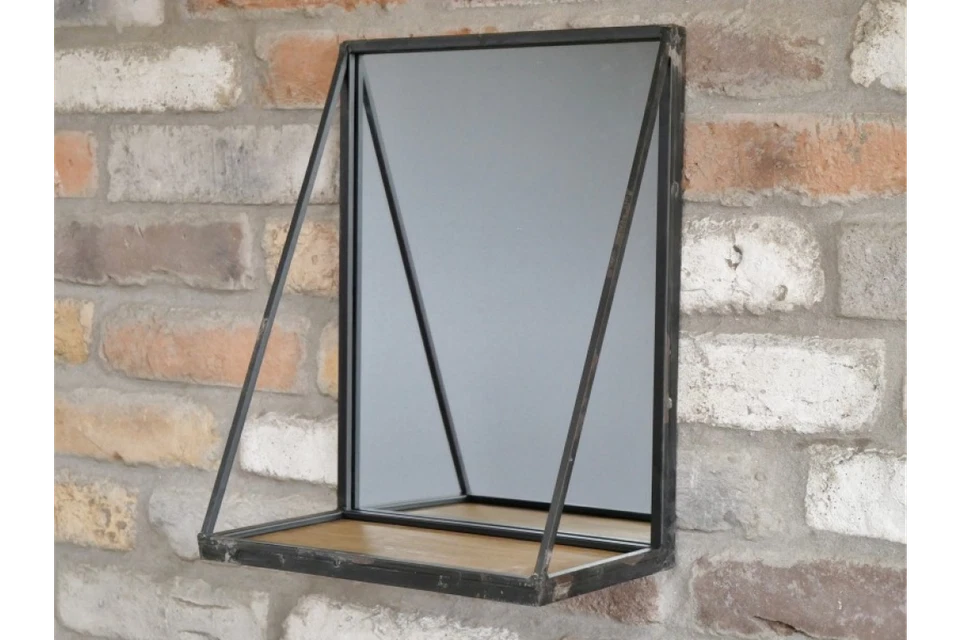 Industrial Metal Mirror With Wooden Shelf Wall Mounted Rustic Vintage Storage - Image 2 of 4