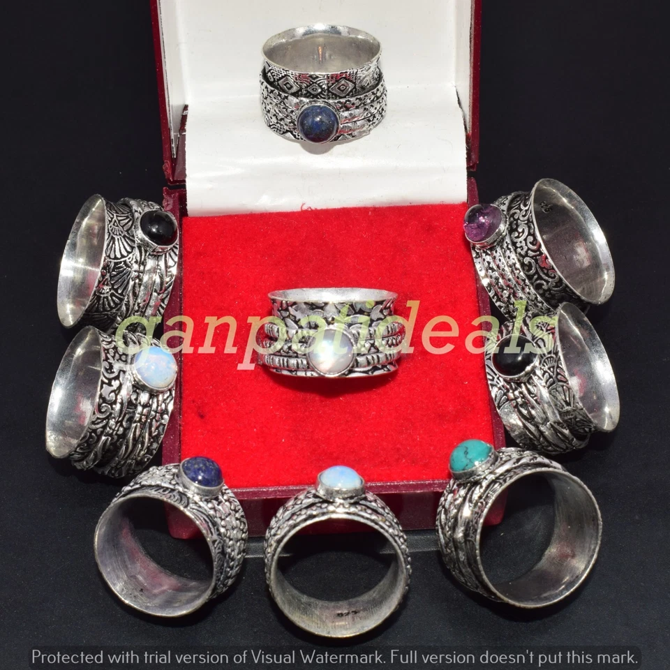 Lote de 5 anéis giratórios folheados a prata 925 turquesa e várias pedras preciosas - Imagem 4 de 4