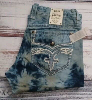 NWT ROCK REVIVAL CORWIN SZ 38W×33L STRAIGHT, EMBROIDERED, BLUE ACID WASH JEANS 