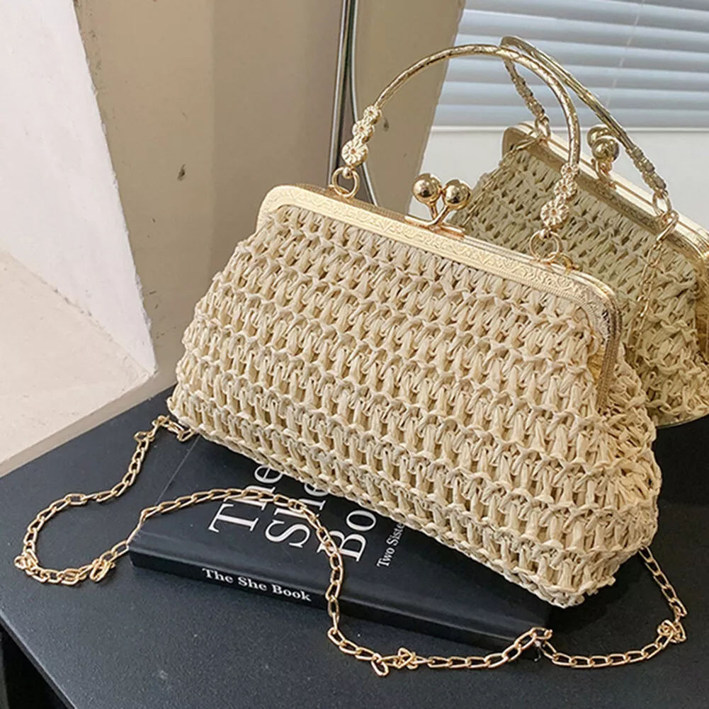 Chain Women Evening Bag Dinner Party Hand woven Handbags Handheld Purse Beige