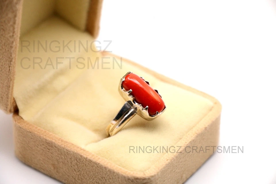 Anillo Rojo Natural Para Hombre Plata de Ley 925 Piedra Merjan Corte Rectangular Talla 9 Foto 4 de 4