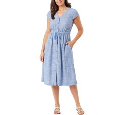 Briggs Womens Linen Blend Dress with Drawstring Waist, Light Blue, 2XL