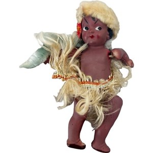Vintage 1930s Made In Japan Celluloid Doll In Grass Skirt & Headdress Plastic