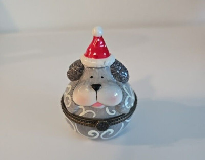 Holiday Christmas Santa Hat Puppy Ceramic Covered Trinket Box Surprise Inside