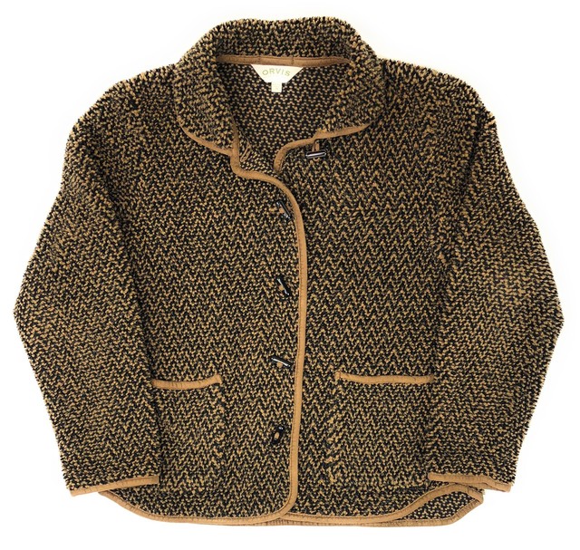 Orvis Womens Medium Boucle Cardigan Sweater Jacket Black Brown Pockets