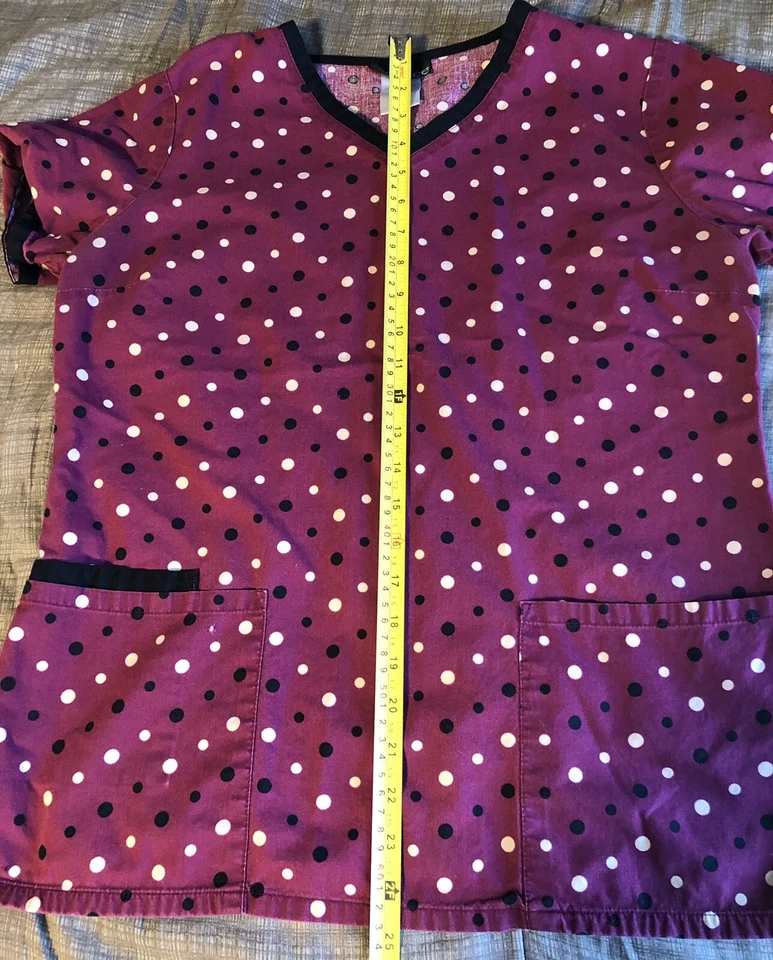 Cherokee Scrub Top Women’s Size Medium Maroon with Black And Tan Polka Dots - Image 4 of 4