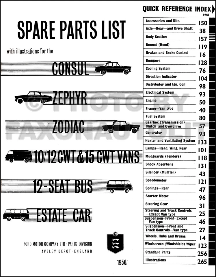 Catalogue De Pièces Ford UK 1956-1958 Consul Zephyr Zodiac Thames Bus Estate Car - Photo 2/2