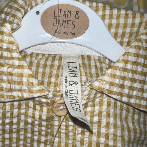 Liam & James One-piece Gingham Seesucker Romper With Hat Infant Boy 6-9Mo Golden - Picture 3 of 3