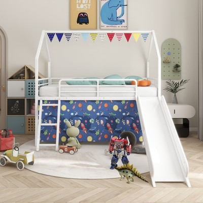 House Twin Loft Bed W Slide Curtain Set Pennant Banner Flag Star Stickers