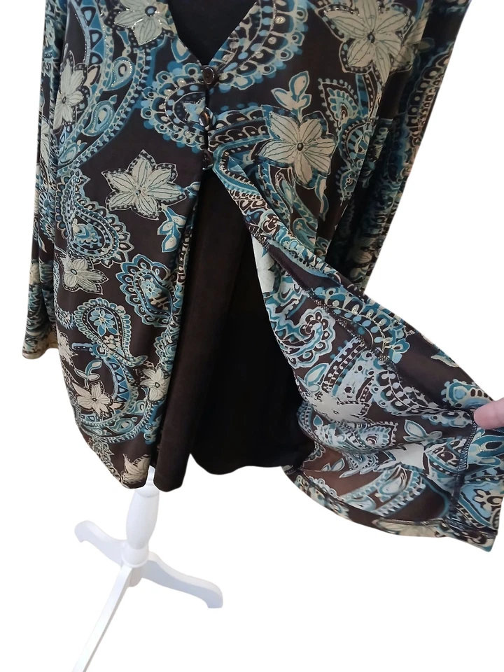 Mirasol Green Paisley Brown Layered Drape Stretch Long Sleeve Plus Blouse Mature - Image 2 of 4
