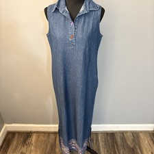 VTG Agapo Jean Maxi Denim Jumper Dress Embroidered Hem Size M Modest Prairie