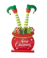 Glitzhome 24.5"H Christmas Wooden/Metal Elf Legs in Gift Box Porch Décor. NEW