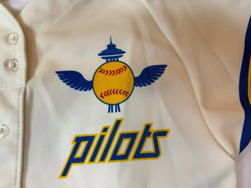Seattle Pilots Baseball Jersey Short Sleeve. Ivory with Blue / Yellow Stripes - Image 3 of 4