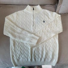 Ralph Lauren Unisex Cable-Knit Jumper Quarter Zip Men  s Women  s--White XL