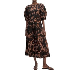 Everlane Linen Midi Dress 12 Puff Sleeve Scoop Neck Brown Print