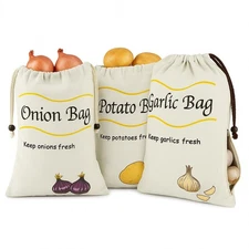 3 Pack Onion Potato Garlic Storage Bags with Drawstring & Zipper – Reusable