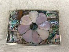 Vintage Mexican Alpaca Silver Abalone Mother Of Pearl Mosaic Flower Belt Buckle