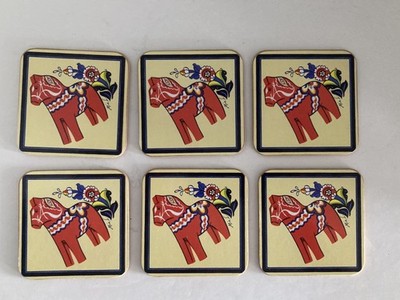 Scandinavian Dala Horse Coasters Set of 6 Cork Back Signed Mia L Swedish EUC