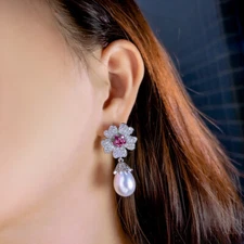 Women Long Pearl Flower Earrings Dangle Drop Silver Plated Zircon Bridal Jewelry