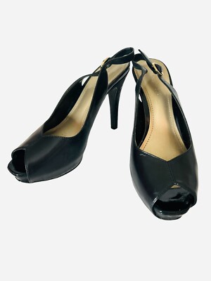 Nine West Black Leather Peep Toe Slingback Heels Size Wndonallm Inch  Heel - Main Image